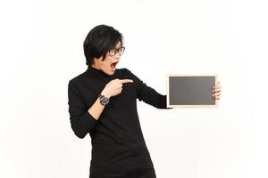 Showing, Presenting and holding Blank Blackboard Of Handsome Asian Man Isolated On White Background photo