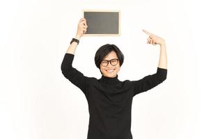 Showing, Presenting and holding Blank Blackboard Of Handsome Asian Man Isolated On White Background photo