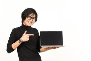 Showing Apps or Ads On Laptop Blank Screen Of Handsome Asian Man Isolated On White Background photo