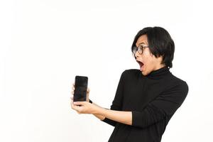 Showing Apps or Ads On Blank Screen Smartphone Of Handsome Asian Man Isolated On White Background photo