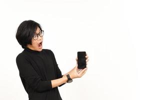Showing Apps or Ads On Blank Screen Smartphone Of Handsome Asian Man Isolated On White Background photo