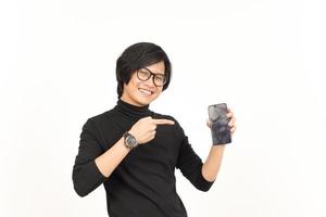 Showing Apps or Ads On Blank Screen Smartphone Of Handsome Asian Man Isolated On White Background photo