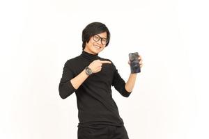 Showing Apps or Ads On Blank Screen Smartphone Of Handsome Asian Man Isolated On White Background photo