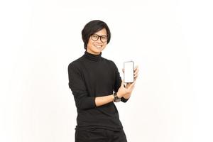 Showing Apps or Ads On Blank Screen Smartphone Of Handsome Asian Man Isolated On White Background photo