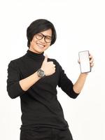 Showing Apps or Ads On Blank Screen Smartphone Of Handsome Asian Man Isolated On White Background photo