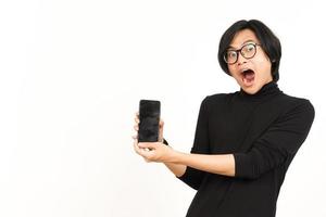 Showing Apps or Ads On Blank Screen Smartphone Of Handsome Asian Man Isolated On White Background photo