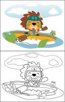 Vector cartoon of funny lion with frog on canoe in river, coloring book or page