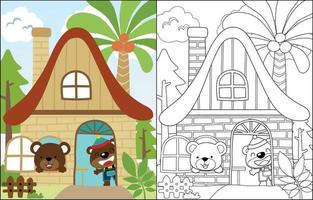 two cute bear cartoon in sweet home, coloring book or page vector