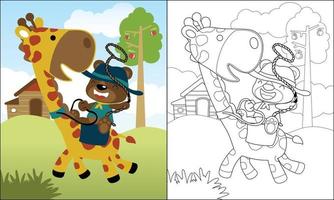 Coloring book of funny bear cartoon in cowboy costume riding giraffe on farmyard background vector