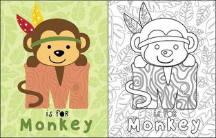 Monkey cartoon with feather headdress hugging M letter on leaves seamless pattern background, coloring book or page vector