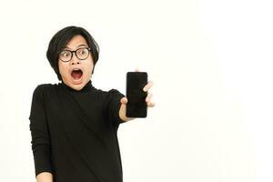 Showing Apps or Ads On Blank Screen Smartphone Of Handsome Asian Man Isolated On White Background photo
