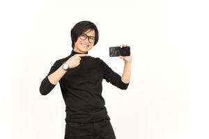 Showing Apps or Ads On Blank Screen Smartphone Of Handsome Asian Man Isolated On White Background photo