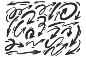 Doodle arrows set. Hand drown lines and curve scribbles. Vector scetch of abstract pointer in different shapes isolated on white background