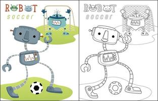 Playing soccer with funny robots cartoon, coloring book or page vector