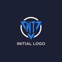 WT monogram logo with triangle shape and circle design elements vector