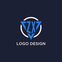 ZX monogram logo with triangle shape and circle design elements vector