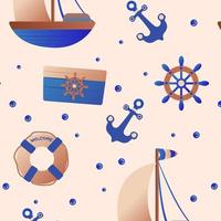 Sea bottom seamless pattern. Summer beach hand-drawn seaside vector print .Undersea world cartoon background with yacht, anchor, life ring, and steering wheel. Seashore elements design for fabrics