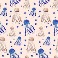 Jellyfish pattern. Seamless print of cute colorful cartoon sea animals, transparent underwater creatures of different shapes and colors. Vector texture. Aquatic bright characters with bubbles.