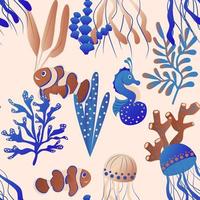 Jellyfish pattern. Seamless print of cute seahorses, clownfish, jellyfish, and algae. Vector texture. Aquatic bright characters with bubbles. Seashore elements design for fabrics, wallpaper