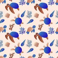 Seamless pattern with sea and ocean animals, corals, seaweeds and shells. Flat design style cartoon characters. Seashore elements design for fabrics, wallpaper vector