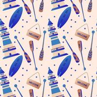 Sea bottom seamless pattern. Summer beach hand-drawn seaside vector print .Undersea world cartoon background with lighthouse, and surfboard. Seashore elements design for fabrics, wallpaper