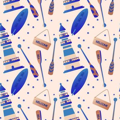 Sea bottom seamless pattern. Summer beach hand-drawn seaside vector print .Undersea world cartoon background with lighthouse, and surfboard. Seashore elements design for fabrics, wallpaper