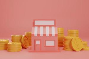 3d render gold coins stacking around shop retail store in the middle earning money concept on red background photo