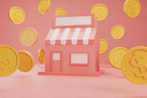 3d render gold coins falling around shop retail store earning money concept on red background photo