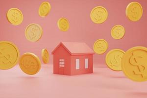 3d render golden coins falling around house in the middle invest money from real estate concept on red background photo