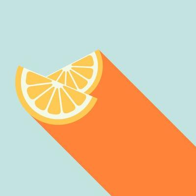 Icon, sticker. Two piece oranges on retro style. Blue and orange background. Summer, cocktail, fruit