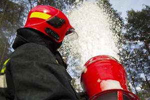 Firefighter puts out a forest fire. Fireman with hoses with foam on the background of the forest. photo