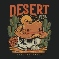 T Shirt Design Desert Vibes Feel The Sunset With Skull Wearing a Cowboy Hat Vintage Illustration vector