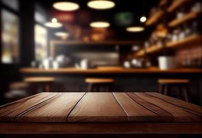 Empty wooden table and blurred background of coffee shop or restaurant. For product display photo