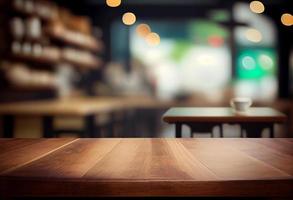 Empty wooden table and blurred background of coffee shop or restaurant. For product display photo