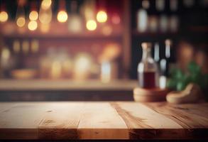 Empty wooden table and blurred background of coffee shop or restaurant. For product display photo