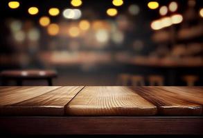 Empty wooden table and blurred background of coffee shop or restaurant. For product display photo