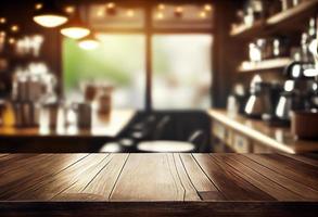 Empty wooden table and blurred background of coffee shop or restaurant. For product display photo