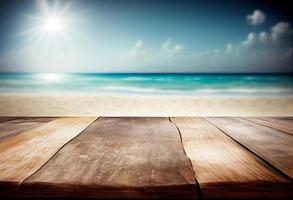 Wooden table top on blur tropical beach background photo