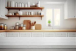 Empty wooden table and blurred kitchen background, product display montage. photo