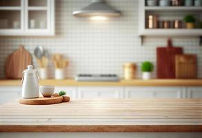 Empty wooden table and blurred kitchen background, product display montage. photo