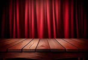 Empty wooden table and red curtains. Stage background photo