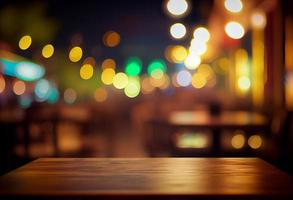 Empty wooden table and bokeh lights background. For product display photo