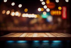 Empty wooden table and bokeh lights background. For product display photo