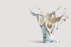 , Flowing liquid with splashes in white color. Glossy cream milk fluid banner, 3D effect, modern macro photorealistic abstract background illustration. photo