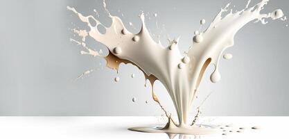 , Flowing liquid with splashes in white color. Glossy cream milk fluid banner, 3D effect, modern macro photorealistic abstract background illustration. photo