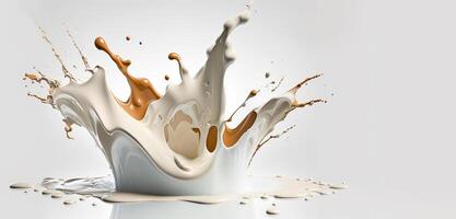 , Flowing liquid with splashes in white color. Glossy cream milk fluid banner, 3D effect, modern macro photorealistic abstract background illustration. photo