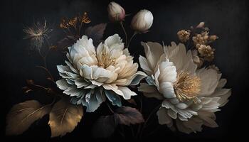 , Close up of blooming flowerbeds of amazing white and golden flowers on dark moody floral textured background. Photorealistic effect. photo