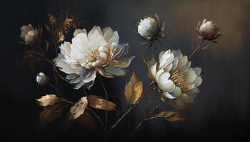 , Close up of blooming flowerbeds of amazing white and golden flowers on dark moody floral textured background. Photorealistic effect. photo