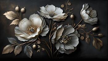 , Close up of blooming flowerbeds of amazing white and golden flowers on dark moody floral textured background. Photorealistic effect. photo