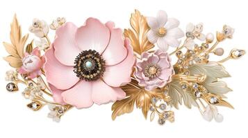 , beautiful light pink flowers brooch, opal stone and golden color palette isolated on white background. Bijouterie, jewelry close up photo